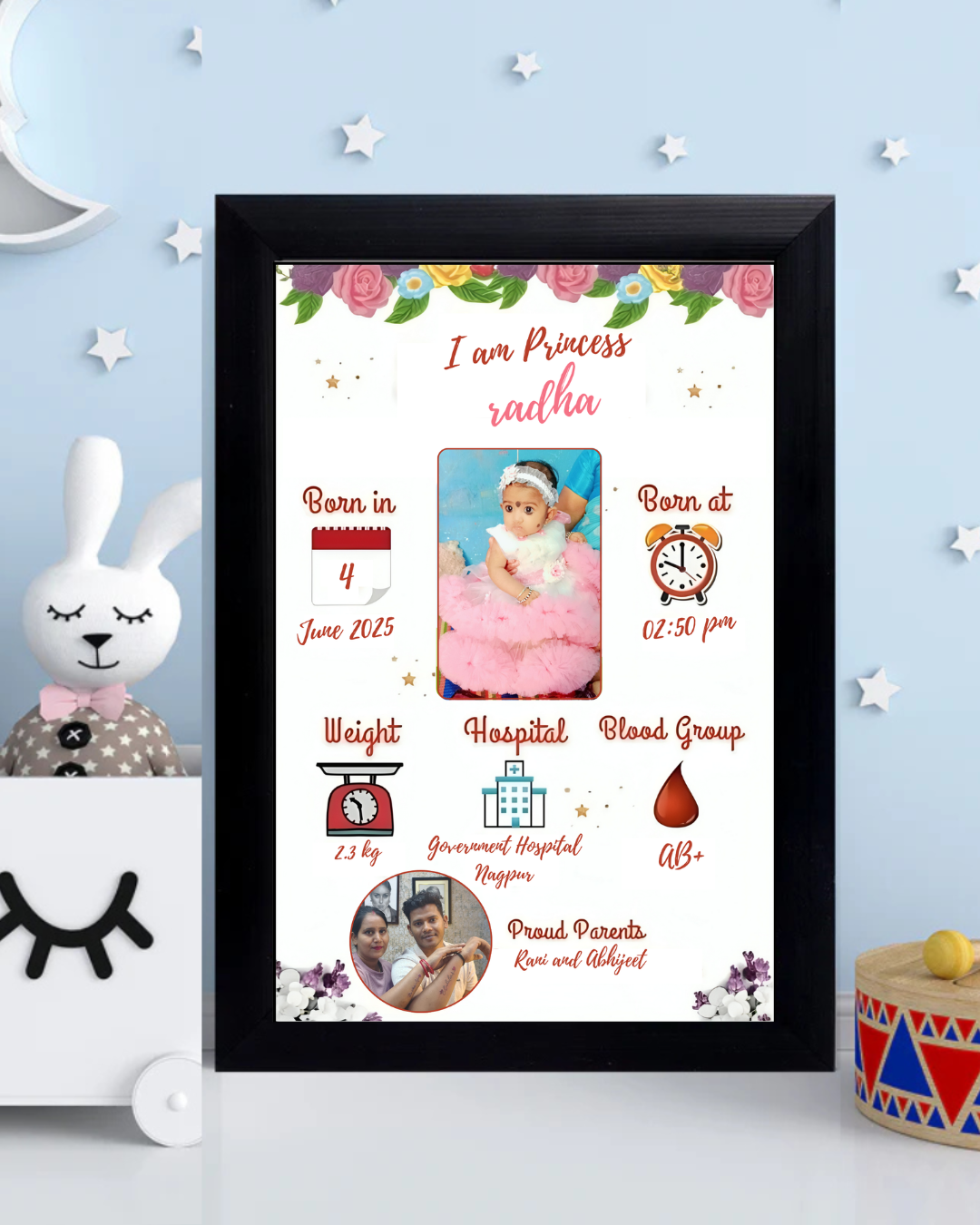 Baby Birth Photo Frame Size (8x12 inch  A4 )- Design 4