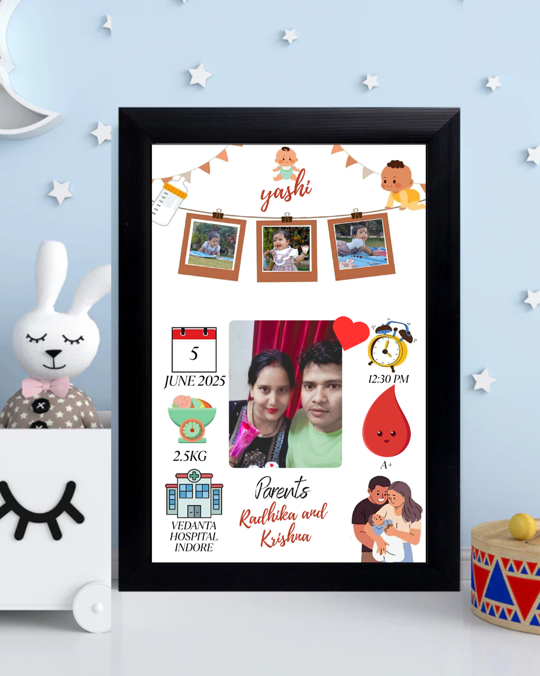 Baby Birth Photo Frame Size (8x12 inch  A4 )- Design 5