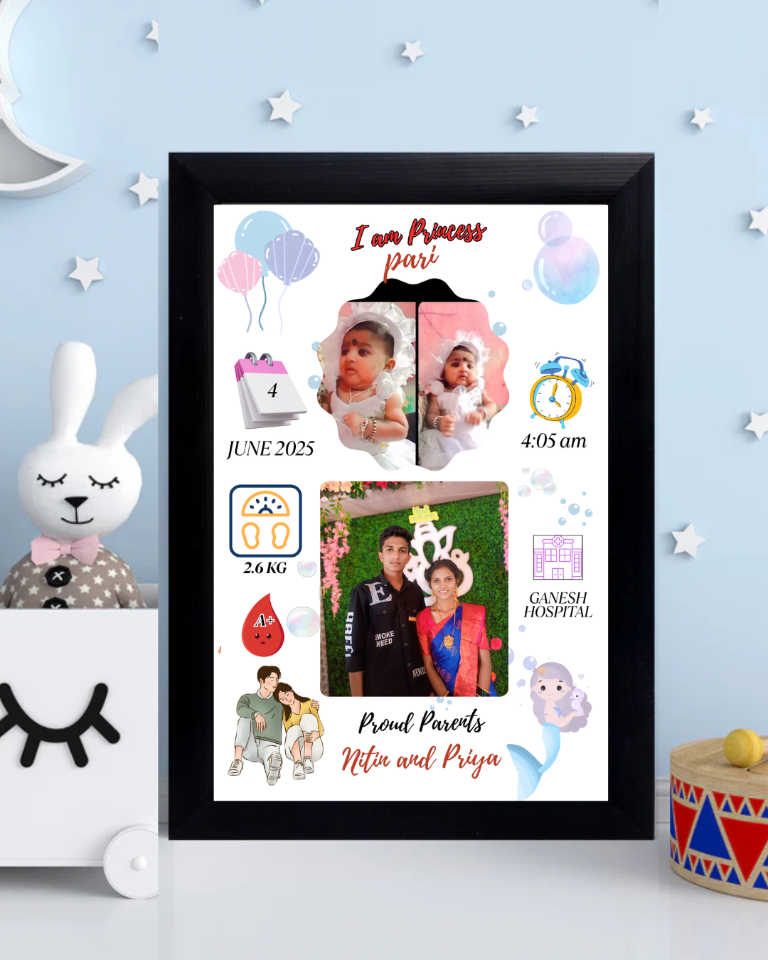 Baby Birth Photo Frame Size (8x12 inch  A4 )- Design 6