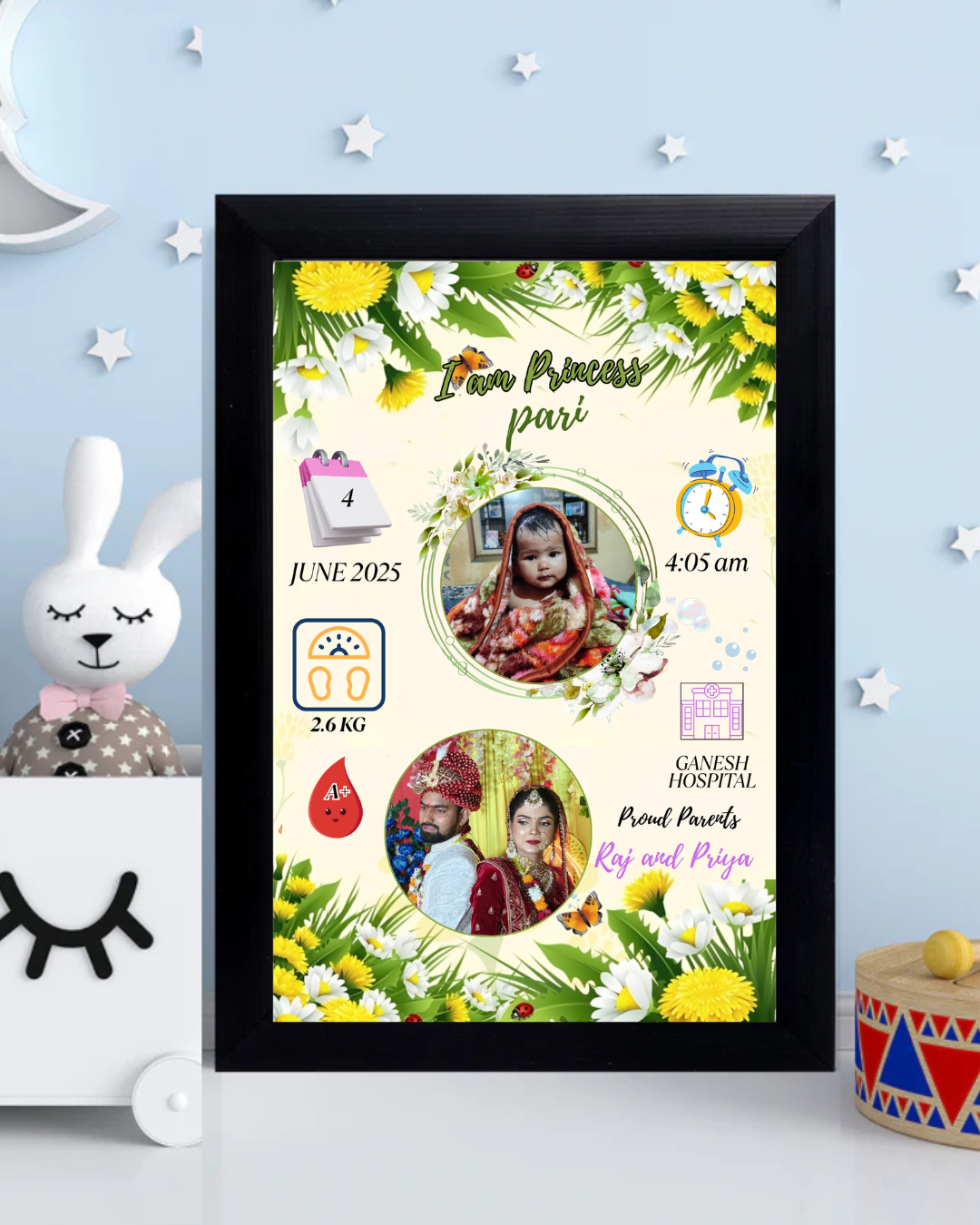 Baby Birth Photo Frame Size (8x12 inch  A4 )- Design 7